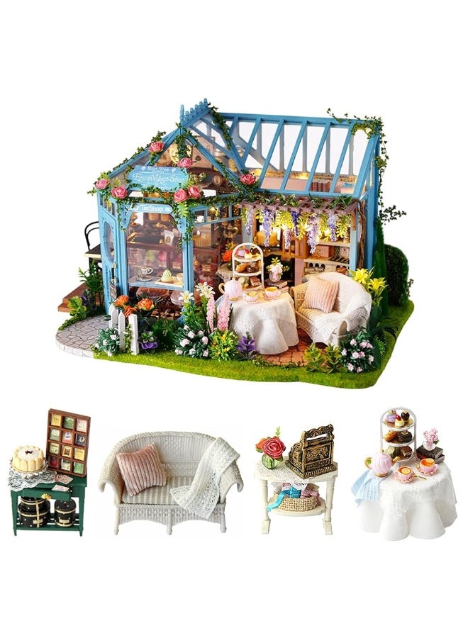 CUTEROOM Dollhouse Miniature with Furniture, 3D Wooden Miniature Doll House with Music Box & LED Lights,1:24 Scale DIY House Kit (Rose Garden Tea House) - Image 2