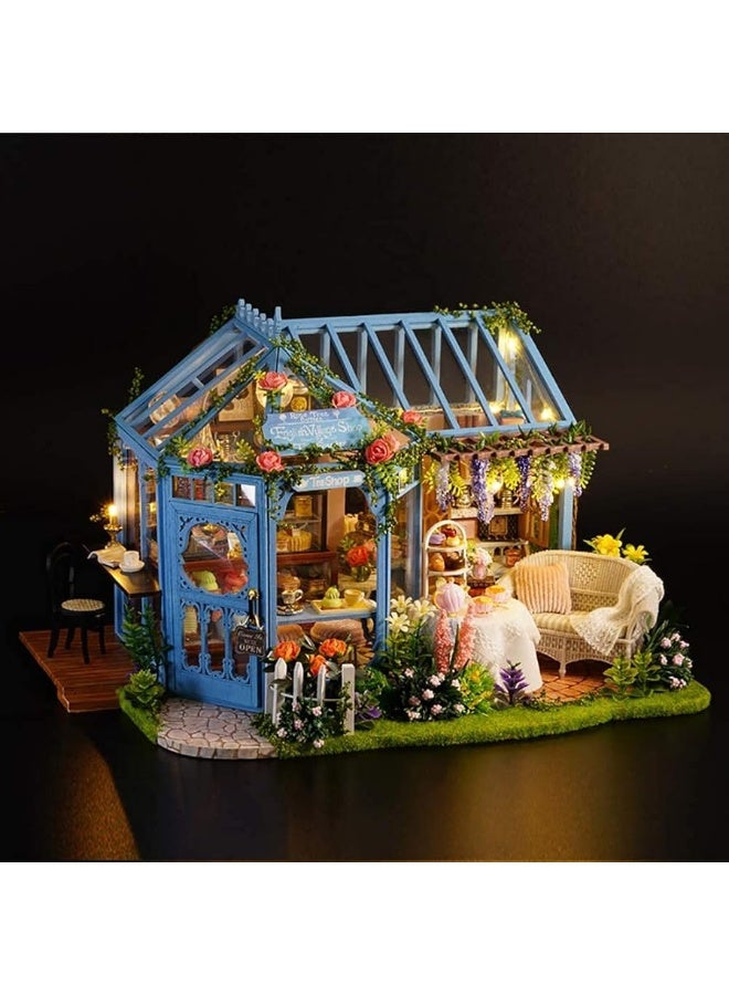 CUTEROOM Dollhouse Miniature with Furniture, 3D Wooden Miniature Doll House with Music Box & LED Lights,1:24 Scale DIY House Kit (Rose Garden Tea House) - Image 3