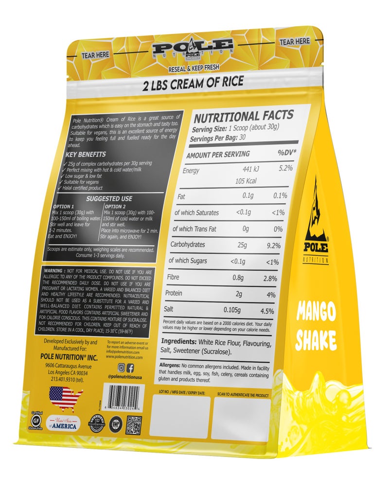 POLE NUTRITION Cream of Rice High Carbohydrate Rice Powder - Mango Shake, 2 lbs (30 Servings) - Image 2