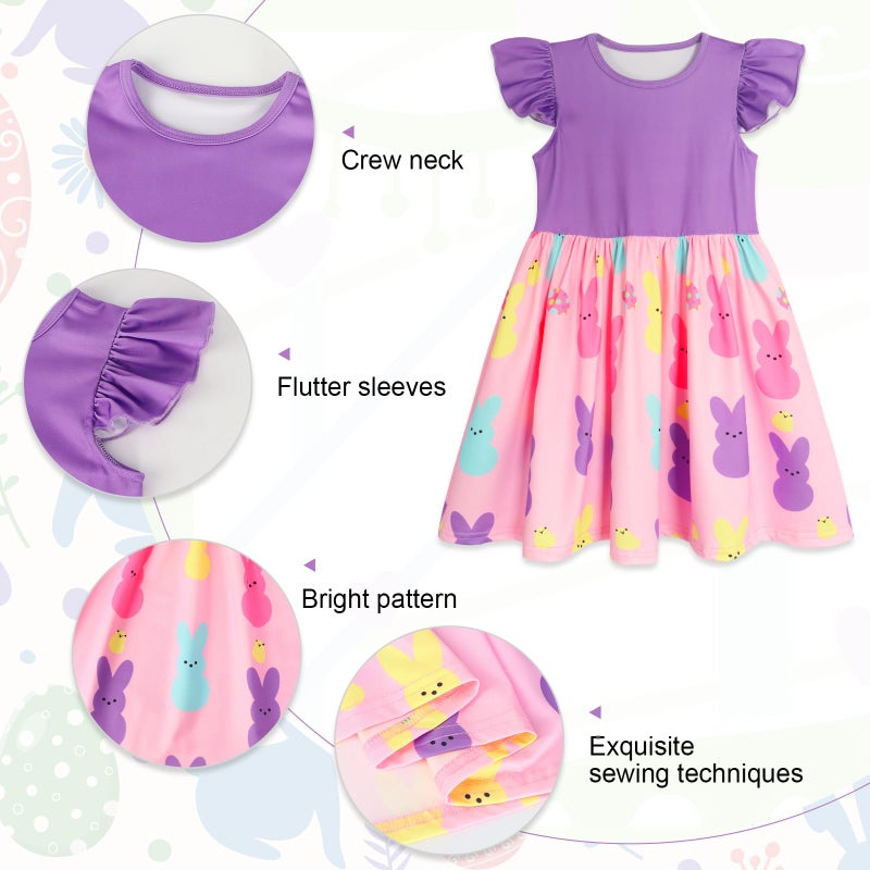 WonderBabe Little Girls Bunny Dress Cute Rabbit Happy Easter Day Casual Flutter Sleeve Clothes School Outfit Girls Casual Dress Size 7-8 Years - Image 4