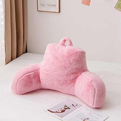 A Nice Night Faux Fur Reading Pillow Bed Wedge Large Adult Children Backrest with Arms Back Support for Sitting Up in Bed/Couch for Bedrest,BabyPink - Image 1