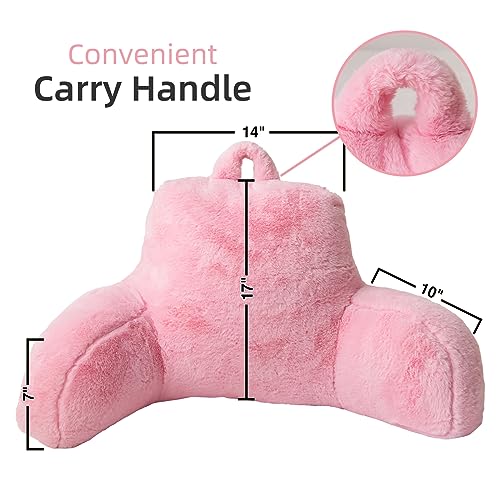 A Nice Night Faux Fur Reading Pillow Bed Wedge Large Adult Children Backrest with Arms Back Support for Sitting Up in Bed/Couch for Bedrest,BabyPink - Image 2