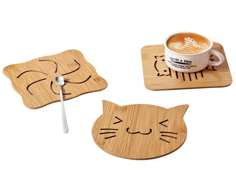 Mockery 3pcs Bamboo Trivet Mat Set Cute Cartoon Multifunction Kitchen Bamboo and Wood Non-Slip Insulation Table Mat Pads Tool for Hot Dishes Pot Bowl Teapot Coaster Hot Pot Holders (Random Pattern) - Image 1