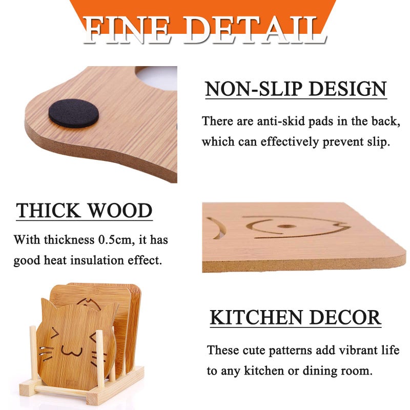 Mockery 3pcs Bamboo Trivet Mat Set Cute Cartoon Multifunction Kitchen Bamboo and Wood Non-Slip Insulation Table Mat Pads Tool for Hot Dishes Pot Bowl Teapot Coaster Hot Pot Holders (Random Pattern) - Image 2