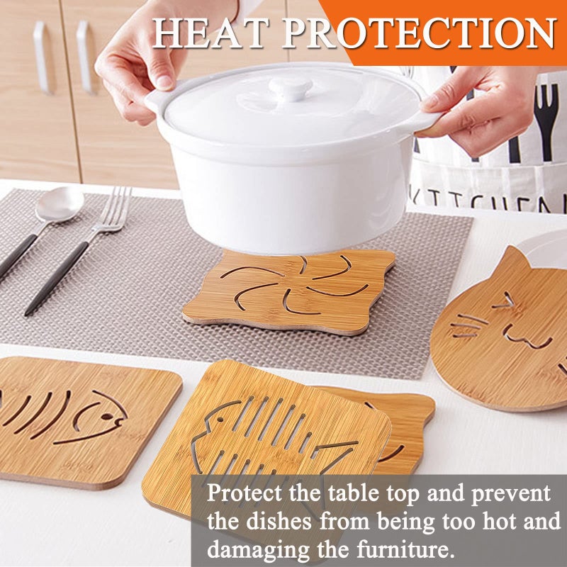 Mockery 3pcs Bamboo Trivet Mat Set Cute Cartoon Multifunction Kitchen Bamboo and Wood Non-Slip Insulation Table Mat Pads Tool for Hot Dishes Pot Bowl Teapot Coaster Hot Pot Holders (Random Pattern) - Image 4