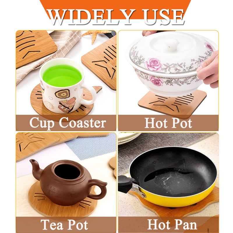 Mockery 3pcs Bamboo Trivet Mat Set Cute Cartoon Multifunction Kitchen Bamboo and Wood Non-Slip Insulation Table Mat Pads Tool for Hot Dishes Pot Bowl Teapot Coaster Hot Pot Holders (Random Pattern) - Image 3