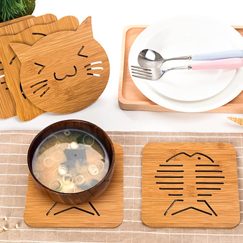 Mockery 3pcs Bamboo Trivet Mat Set Cute Cartoon Multifunction Kitchen Bamboo and Wood Non-Slip Insulation Table Mat Pads Tool for Hot Dishes Pot Bowl Teapot Coaster Hot Pot Holders (Random Pattern) - Image 5