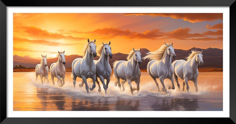 Canvas Pe Canvas pe 7 Running horses vastu painting Blessing horse sunrise picture laminated coated photo frame artwork for living office decor 14x26 inch synthetic wood  - Image 1