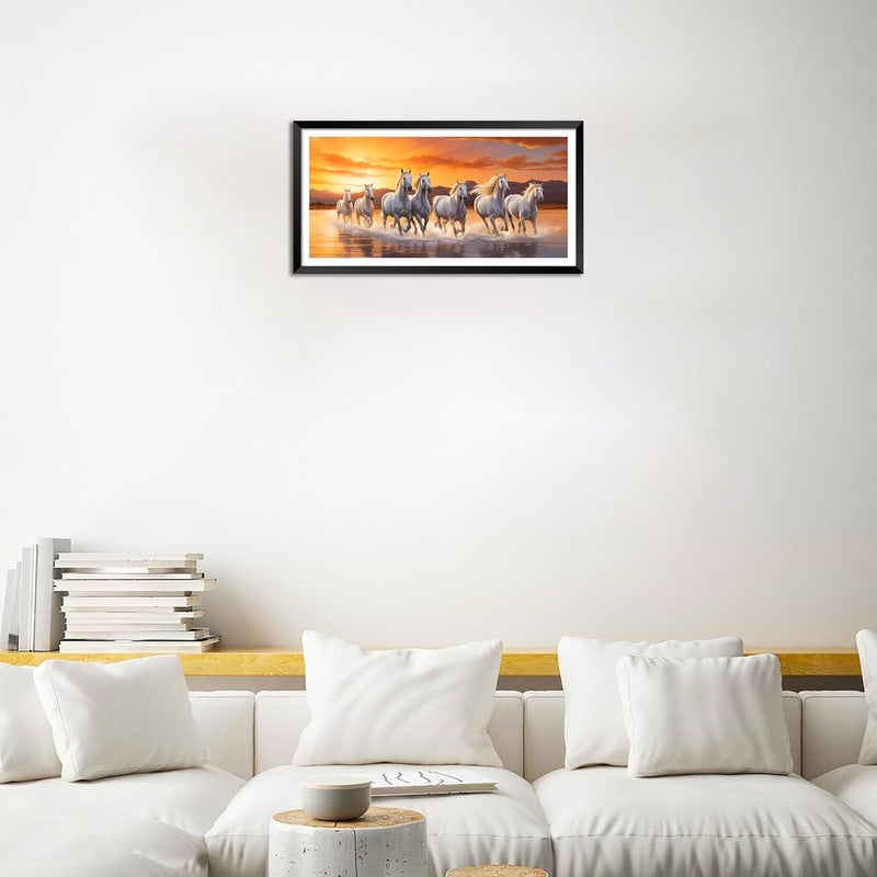 Canvas Pe Canvas pe 7 Running horses vastu painting Blessing horse sunrise picture laminated coated photo frame artwork for living office decor 14x26 inch synthetic wood  - Image 2