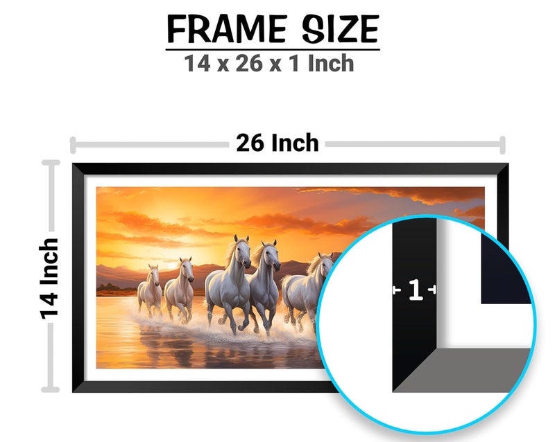 Canvas Pe Canvas pe 7 Running horses vastu painting Blessing horse sunrise picture laminated coated photo frame artwork for living office decor 14x26 inch synthetic wood  - Image 3