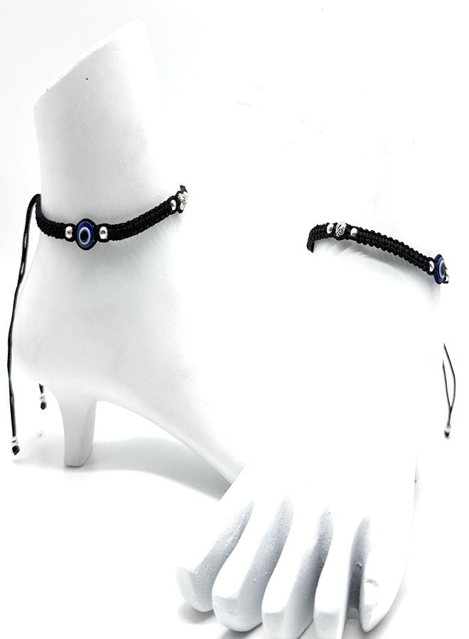 Jyokrish Handmade Adjustable Black Silk Thread Blooming flower 2 Blue evil eye Anklet For Women | Girls | Nazariya |Payal |Adult |Free Size | Pair of 1 - Image 3