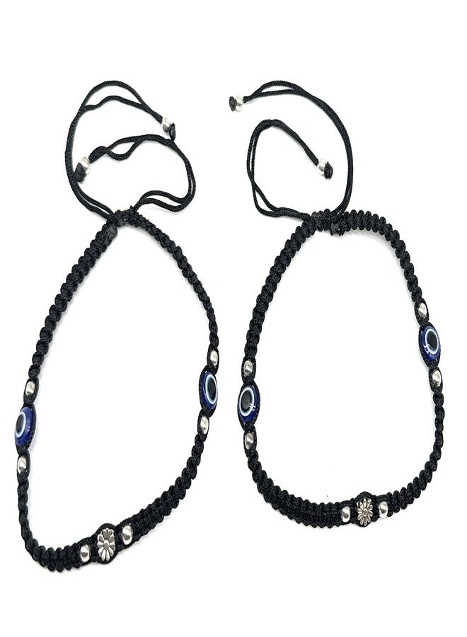 Jyokrish Handmade Adjustable Black Silk Thread Blooming flower 2 Blue evil eye Anklet For Women | Girls | Nazariya |Payal |Adult |Free Size | Pair of 1 - Image 1