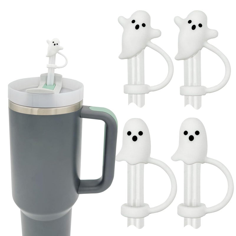 LUOLAO Cute Ghost Straw Covers Cap Compatible with Stanley Cup 30 40 oz 4PCS Silicone Reusable Drinking Straw Topper Funny Tumbler Accessories Halloween Decorations Gifts Boo Basket Items Essentials