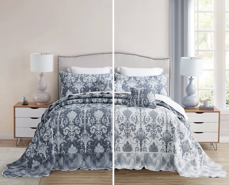 Blythease Oversized King Bedspread Jacquard Matelasse Damask Pattern Design Lightweight Reversible 5 Piece 100 Microfiber Blue