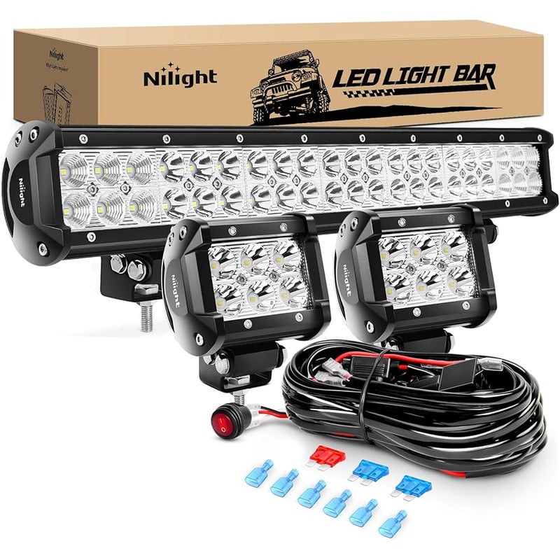 Nilight - Zh002 20Inch 126W Spot Flood Combo Led Off Road Led Light Bar 2Pcs 18W 4Inch Spot Led Pods With 16Awg Wiring Harness Kit-3 Lead, 2 Years Warranty - Image 1