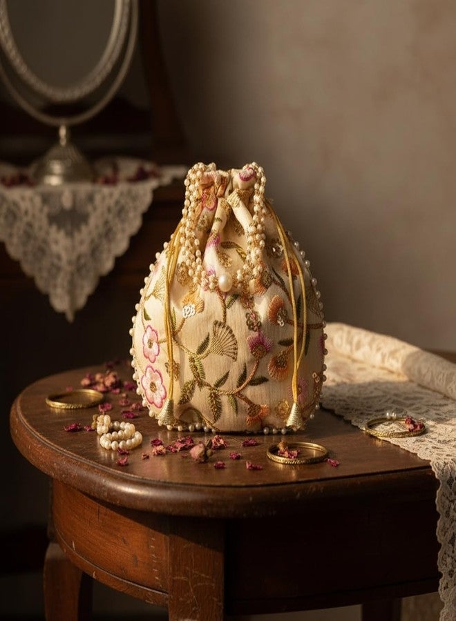 THE GIFT STUDIO.COM Brocade Floral Embroidered Potli, Traditional Handbag for Weddings and Celebrations - Image 4