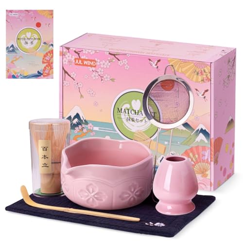 JUL WIND Matcha Whisk Set Ceramic Matcha Set Includes Bowl with Spout Whisk and Holder Bamboo Scoop Sifter and Tea Towel 6 Pcs Matcha Kit Gift for Lovers Beginners Pink - Image 1