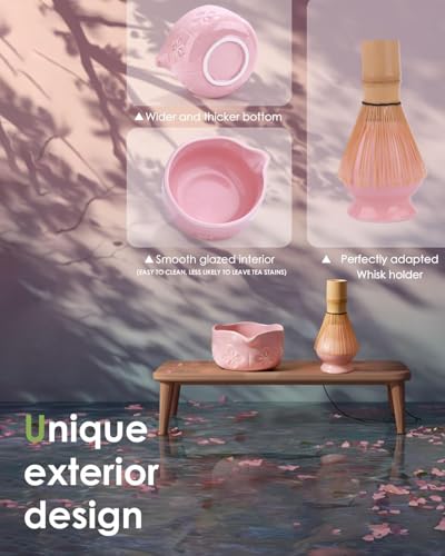 JUL WIND Matcha Whisk Set Ceramic Matcha Set Includes Bowl with Spout Whisk and Holder Bamboo Scoop Sifter and Tea Towel 6 Pcs Matcha Kit Gift for Lovers Beginners Pink - Image 3