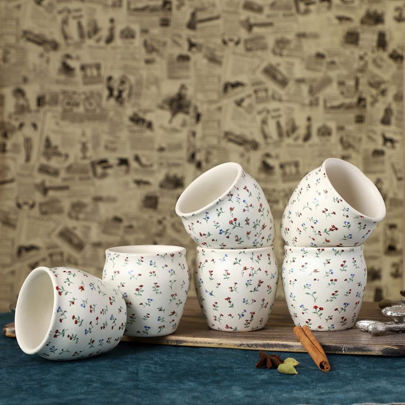 Crock Comforts Ceramic Handcrafted Stoneware Flower Chai KullarKulladCupsMugsKulladhTea CupsSet of 6160mlDishwasher Microwave SafeServing Tea Mugs for Coffee Milk TeaSF06 - Image 1