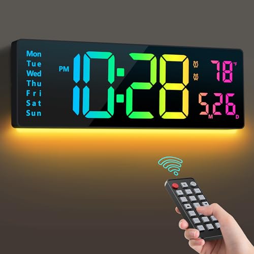 Hournor Digital Wall Clock 16 Wall Clocks with 11 RGB Colors Alarm Clock with Night Lights Large Digital Clock for Living Room Bedroom Office Classroom Decor Auto DST Temperature Remote Control - Image 1