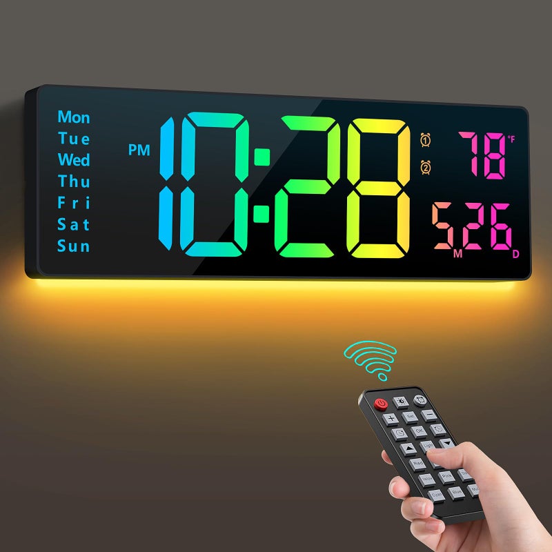 Hournor Digital Wall Clock 16 Wall Clocks with 11 RGB Colors Alarm Clock with Night Lights Large Digital Clock for Living Room Bedroom Office Classroom Decor Auto DST Temperature Remote Control - Image 2