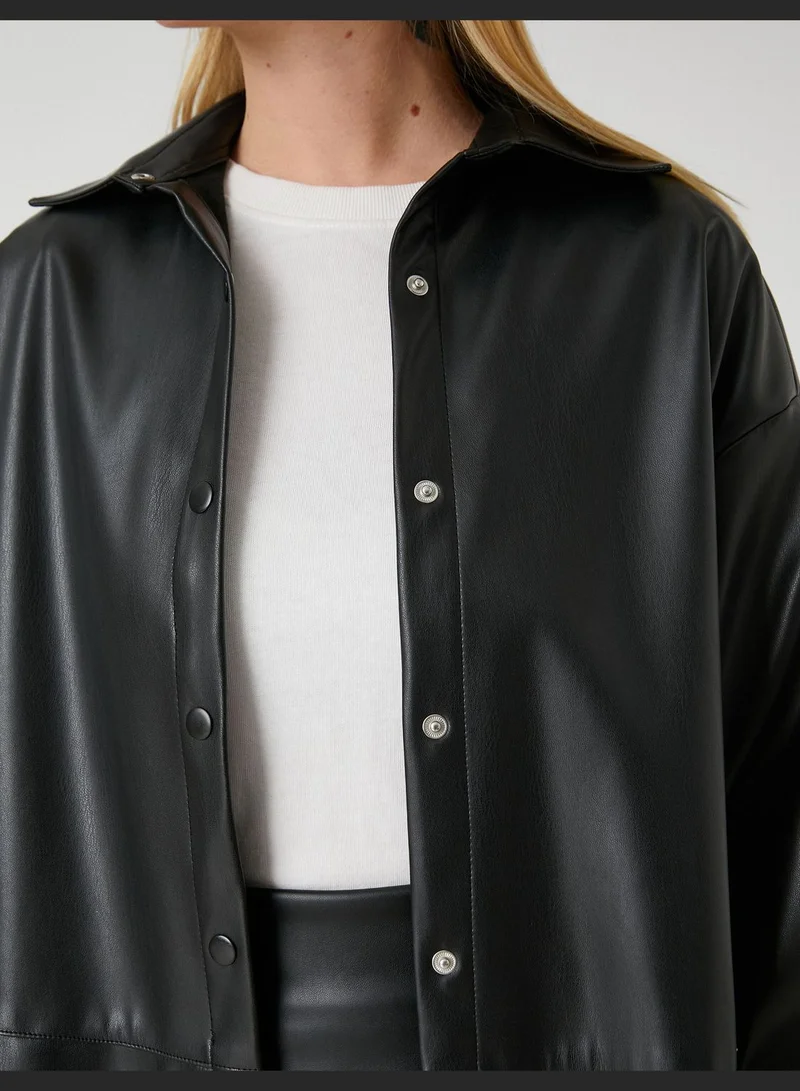 KOTON Faux Leather Shacket Snap Button Slit Detail