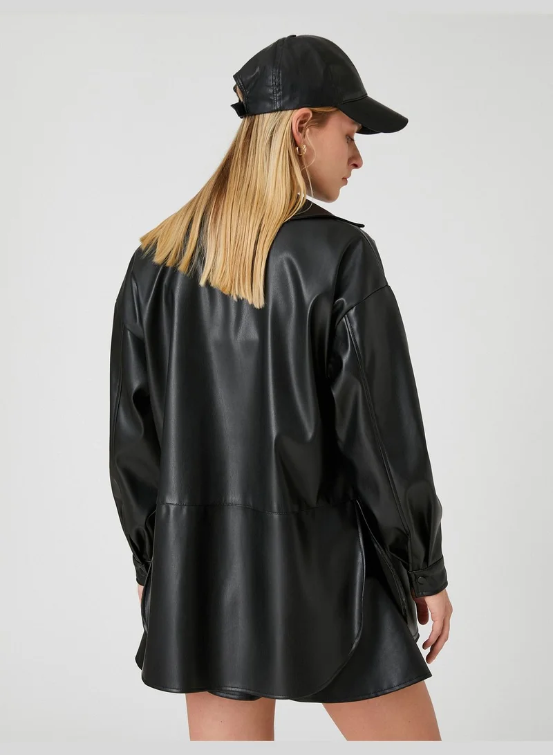 KOTON Faux Leather Shacket Snap Button Slit Detail