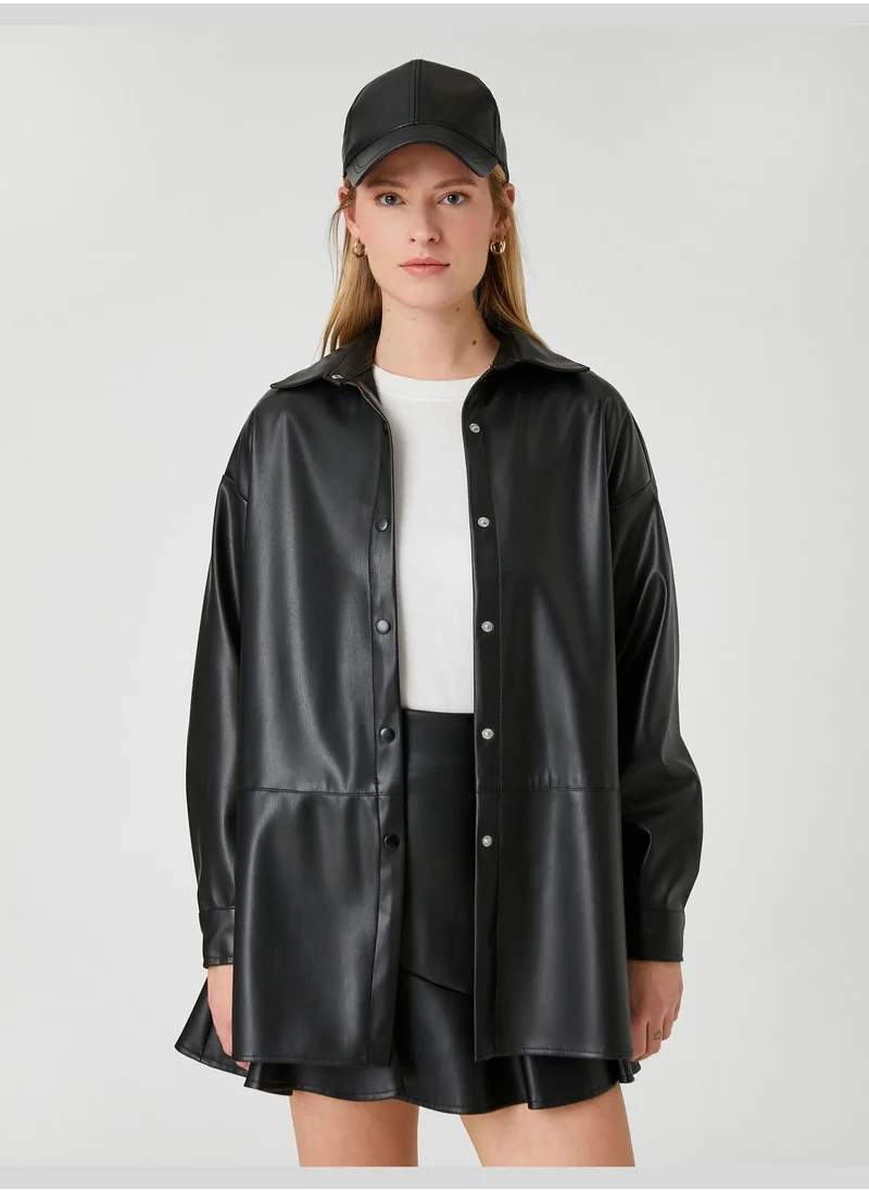 KOTON Faux Leather Shacket Snap Button Slit Detail