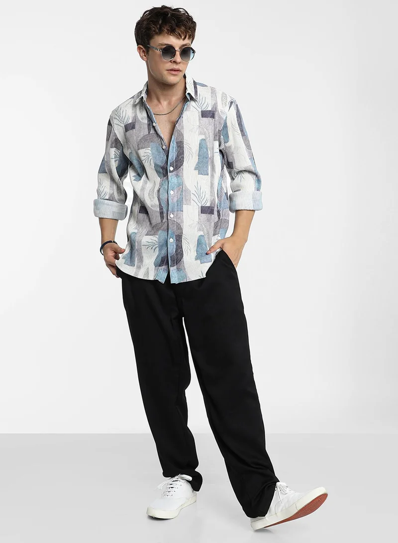كامبوس سوترا Men's Icy Blue & Ivory White Twig-Block Shirt