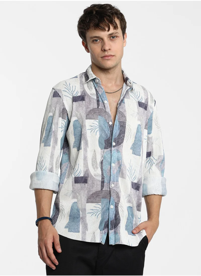 Campus Sutra Men's Icy Blue & Ivory White Twig-Block Shirt