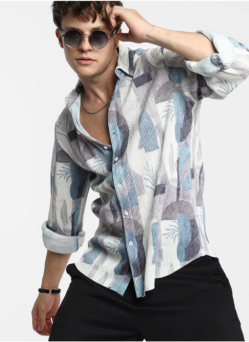 Campus Sutra Men's Icy Blue & Ivory White Twig-Block Shirt