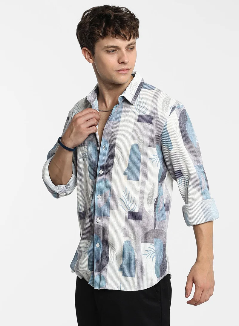 كامبوس سوترا Men's Icy Blue & Ivory White Twig-Block Shirt