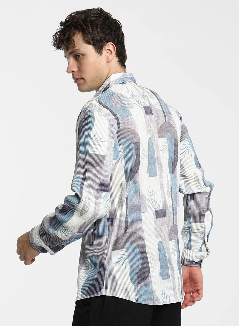 كامبوس سوترا Men's Icy Blue & Ivory White Twig-Block Shirt