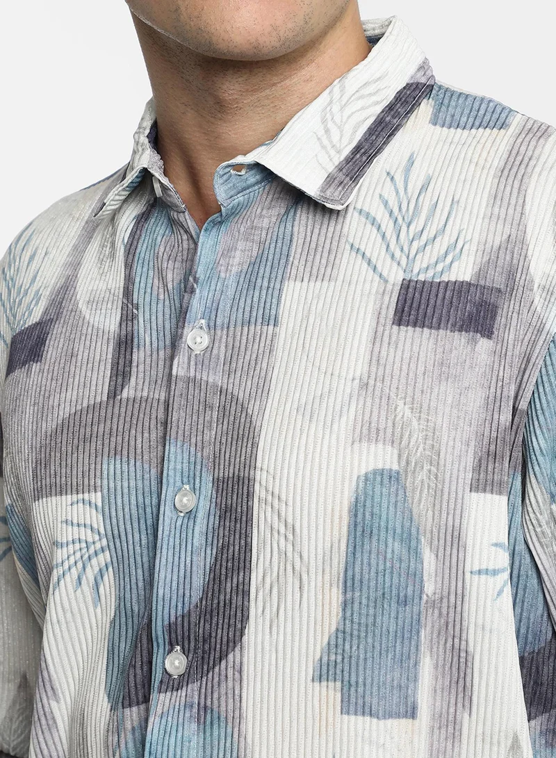 كامبوس سوترا Men's Icy Blue & Ivory White Twig-Block Shirt