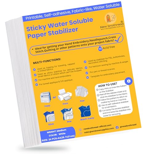 New brothread بروثيرد الجديد 24 قطعة A4 297x21 سم مثبت تطريز قابل للذوبان في الماء ورق تطريز قابل للطباعة وزن متوسط مسموح للطباعة أو رسم الأنماط الأفضل للتطريز اليدوي والآلي