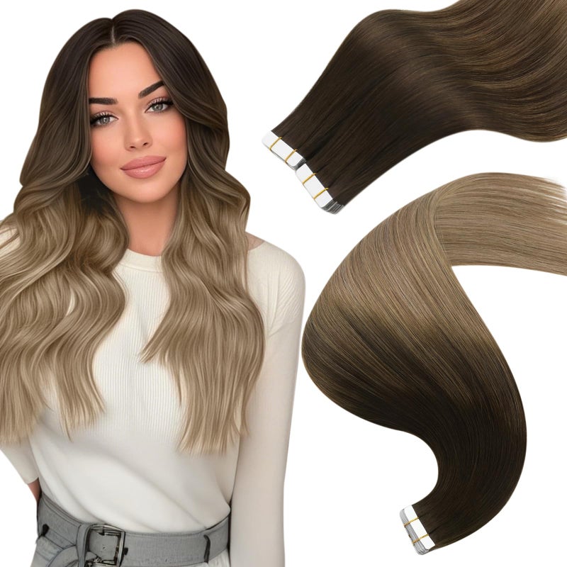 Easyouth Human Hair Tape in Extensions Ombre Blonde Tape in Hair Extensions Human Hair Brown Balayage Ash Blonde Hair Extensions Real Human Hair Tape in Straight 22 Inch 50g 20Pcs
