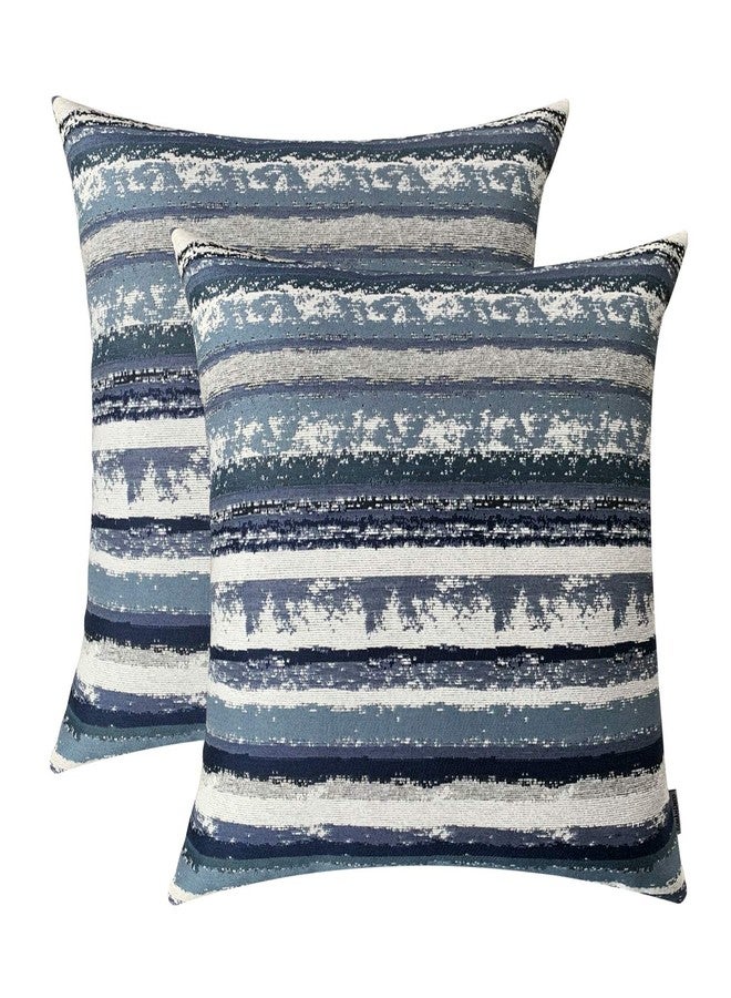 ROMANDECO Jacquard Striped Decorative Throw Pillow Covers for Couch Set of 2, 18x18 Inches, Navy Blue - Image 1