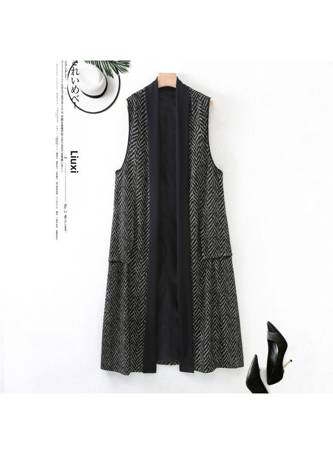Plus Size Simple Atmospheric Fashion Plaid Mid-length Vest Women's 2024 Autumn And Winter Draped Sleeveless Artistic Vest Jacket 