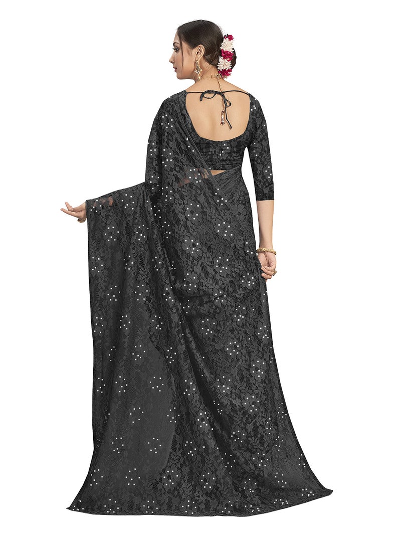 Vardha Women's Brasso Saree with Stone Work, Unstitched Blouse - Black Sari Aasma, 488 - Image 3