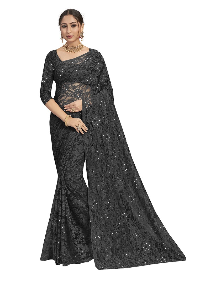 Vardha Women's Brasso Saree with Stone Work, Unstitched Blouse - Black Sari Aasma, 488 - Image 1