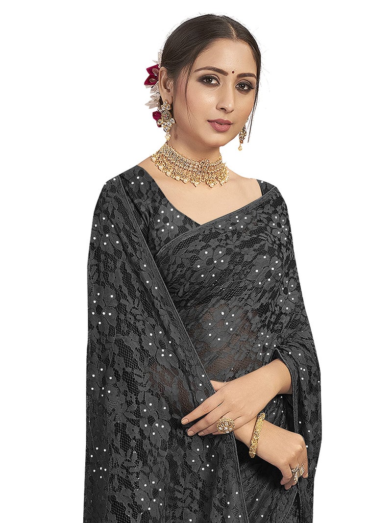 Vardha Women's Brasso Saree with Stone Work, Unstitched Blouse - Black Sari Aasma, 488 - Image 4