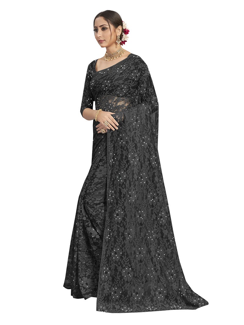 Vardha Women's Brasso Saree with Stone Work, Unstitched Blouse - Black Sari Aasma, 488 - Image 2