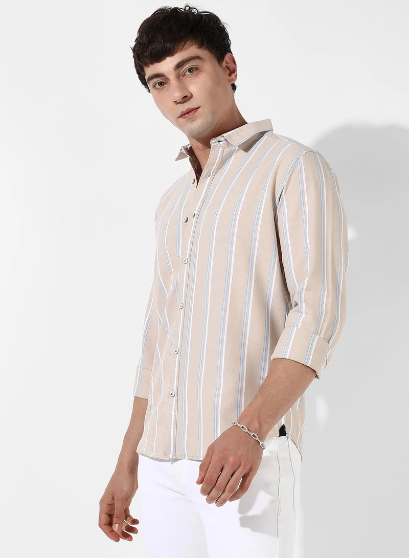 Campus Sutra Men's Beige Striped Cotton Shirt