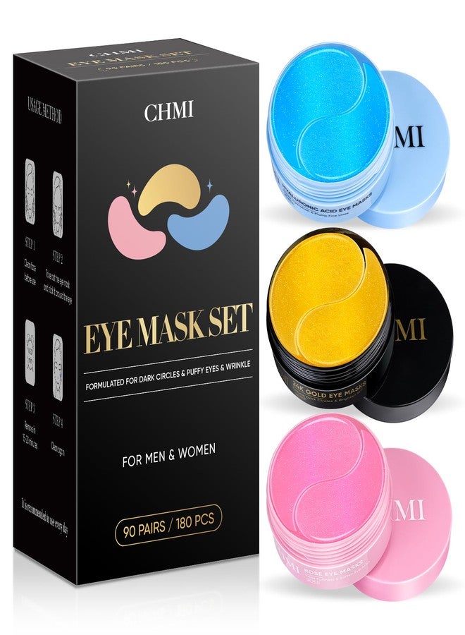 CHMI 180 Pcs (90 Pairs Under Eye Patches, 3-Pack Eye Mask Set (24K Gold, Hyaluronic Acid, Rose for Dark Circles and Puffy Eyes, Hydrating Gel Pads for Undereye Bags, Skin Care. - Image 1