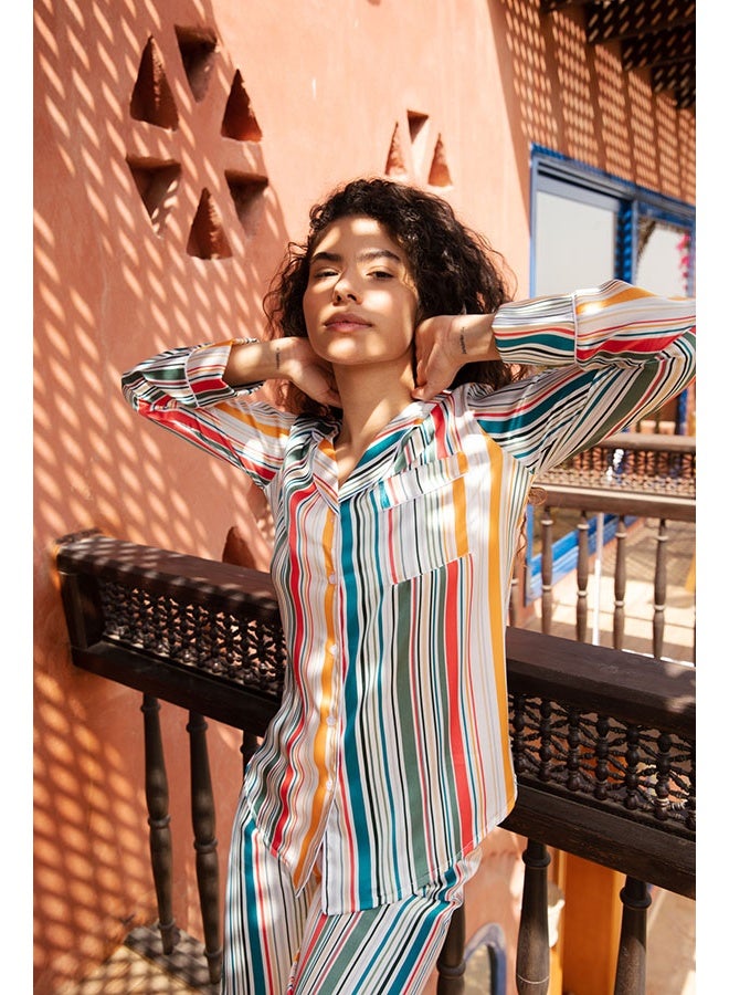 Dresscode Colorful Buttoned Long Sleeved With Front Pocket Satin Pyjama Set - Image 1