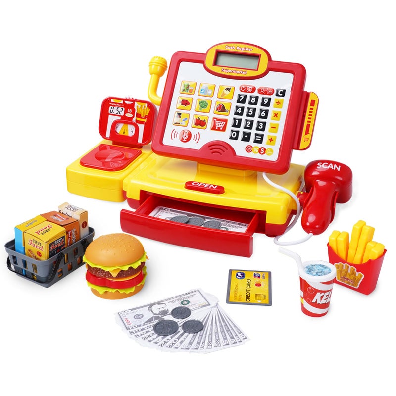  FS FS Toy Cash Register for Kids with True Barcode Scanner Calculator Toys Pretend Play for Toddlers 35 Shopping Playset Kids Cash Register with Credit Card for Boys and Girls - Image 2