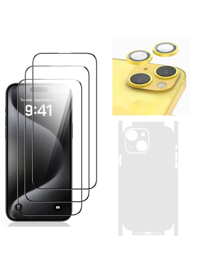 DIGI CORE iPhone 15 Plus Screen Protector 3 Pack 6.7 Inch 2.5D Curved Edges With iPhone 15 Plus Camera Lens Protector And Anti-Scratch iPhone Back PVC Clear Sheet Set (Yellow, iPhone 15 Plus) - Image 1