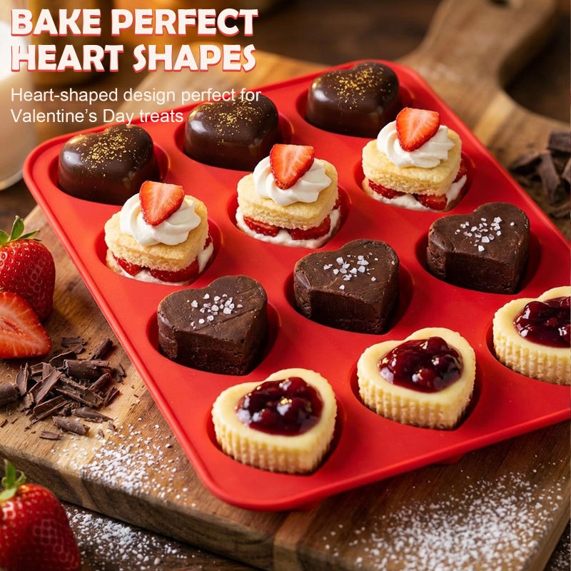 HKNMTT Silicone Heart Molds Valentine's Day for Chocolate Muffin Chocoflan Cake Egg Bites Jello Soap Cupcake Baking, 12 Cavities 2 Pack Love Shapes Red Dessert Pan Handmade DIY Gift Oven Safe Mould - Image 2
