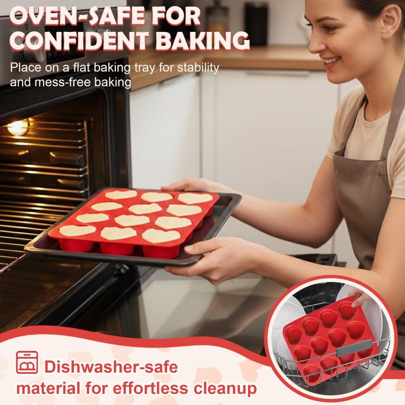 HKNMTT Silicone Heart Molds Valentine's Day for Chocolate Muffin Chocoflan Cake Egg Bites Jello Soap Cupcake Baking, 12 Cavities 2 Pack Love Shapes Red Dessert Pan Handmade DIY Gift Oven Safe Mould - Image 4