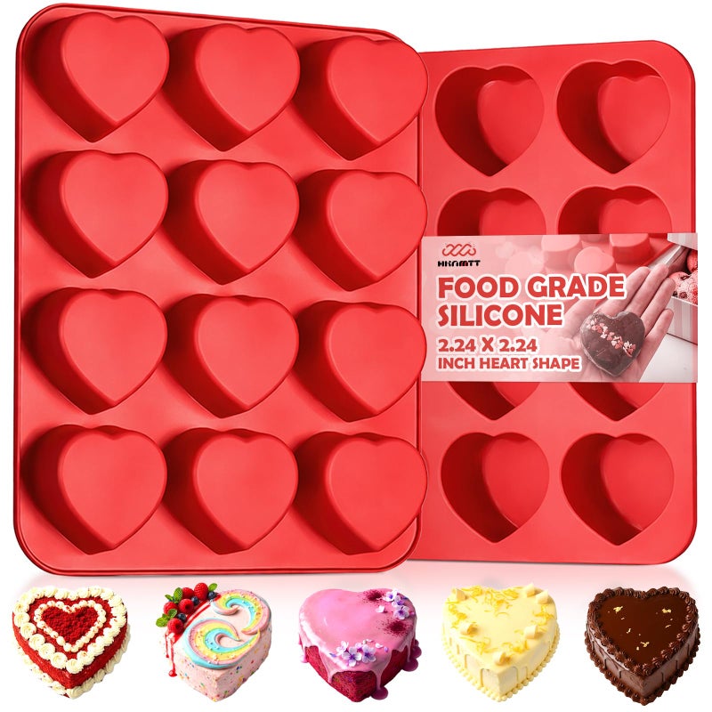 HKNMTT Silicone Heart Molds Valentine's Day for Chocolate Muffin Chocoflan Cake Egg Bites Jello Soap Cupcake Baking, 12 Cavities 2 Pack Love Shapes Red Dessert Pan Handmade DIY Gift Oven Safe Mould - Image 1
